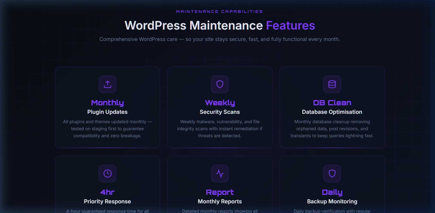 HNify WordPress Maintenance Features — Updates, Security, Database, Reports